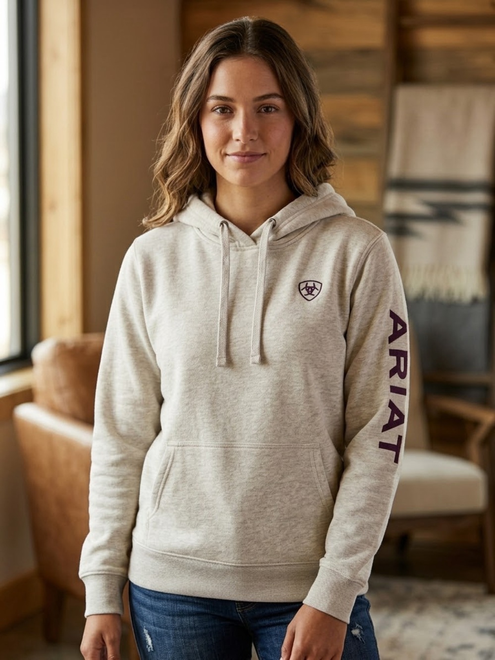 Ariat Women's Logo Hoodie in Oatmeal Heather/Purple